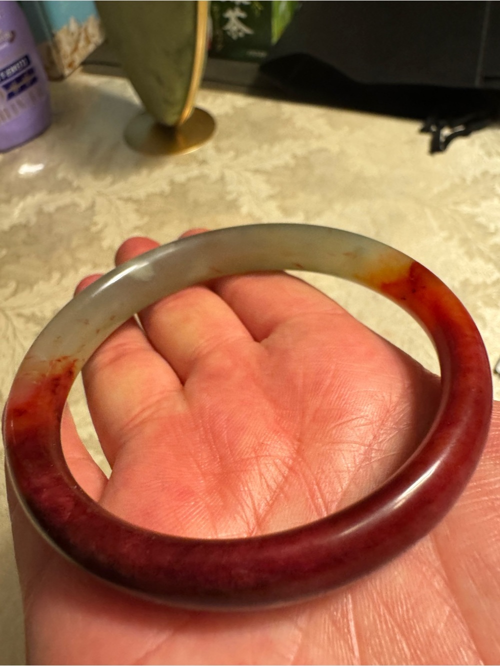 Vintage Red Green Jadeite Jade Bangle Bracelet 72mm Estate Jewelry